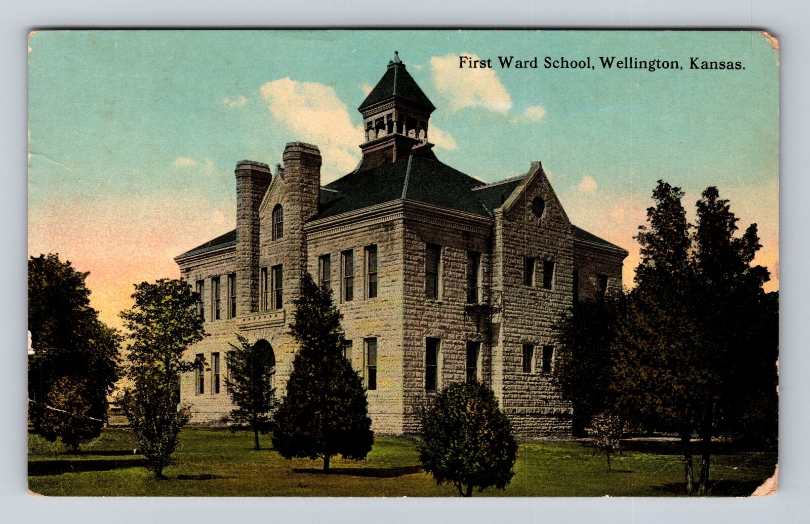 Wellington KS-Kansas, First Ward School, Antique, Vintage c1913 Postcard