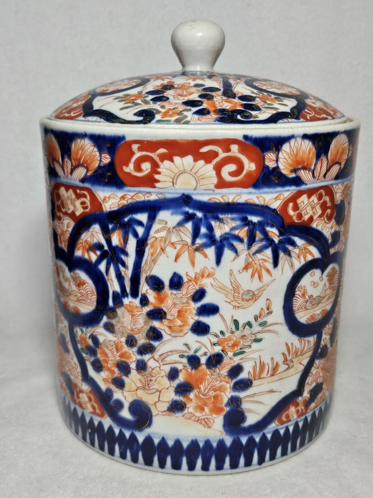 Impressively Large Antique Japanese Imari Porcelain Covered Cylindrical Jar