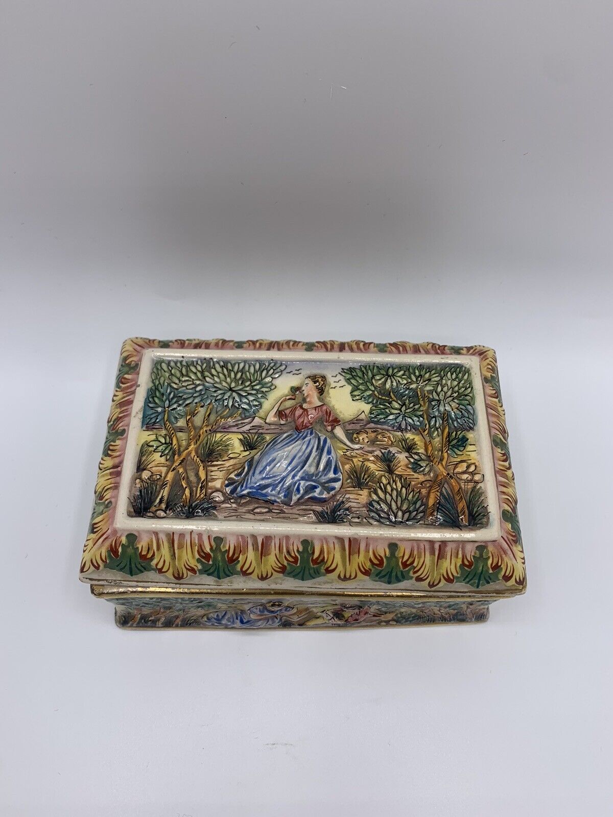 Vintage Capodimonte Italy Porcelain Hand Painted Trinket Box
