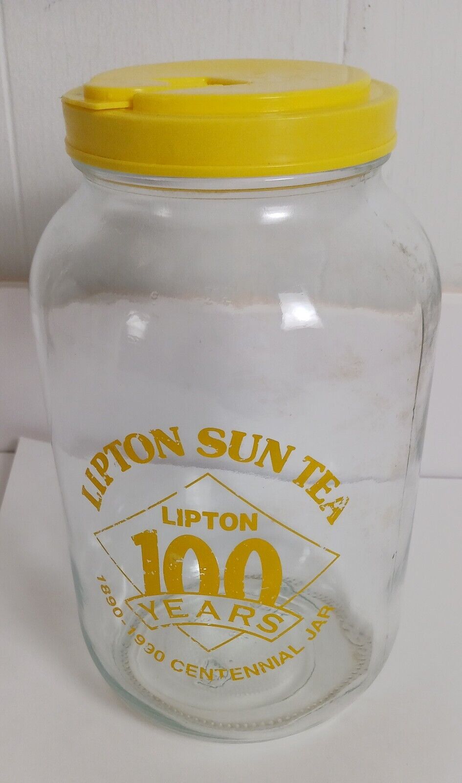 Vintage Lipton Sun Tea Glass Container  100 Years Centennial  yellow Flip Lid