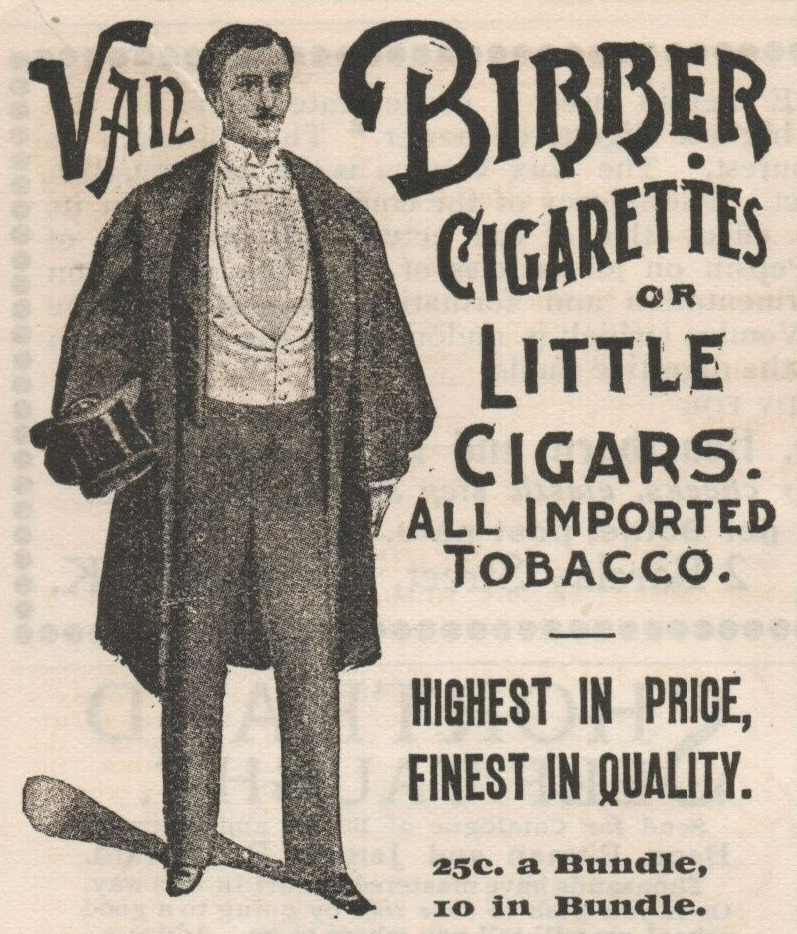 Van Bibber\'s Cigarettes Little Cigars Man With Top Hat 1895 Antique Print Ad