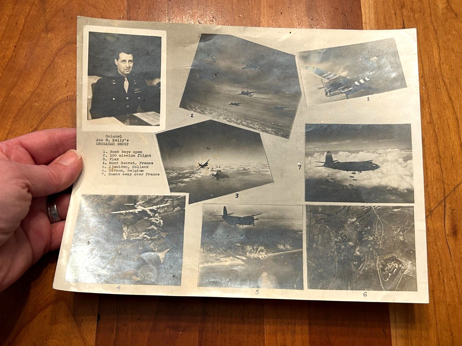 ORIGINAL WWII PHOTO COLLAGE WITH COL. JOE W KELLY\'S CRUSADER GROUP AERIAL PHOTOS