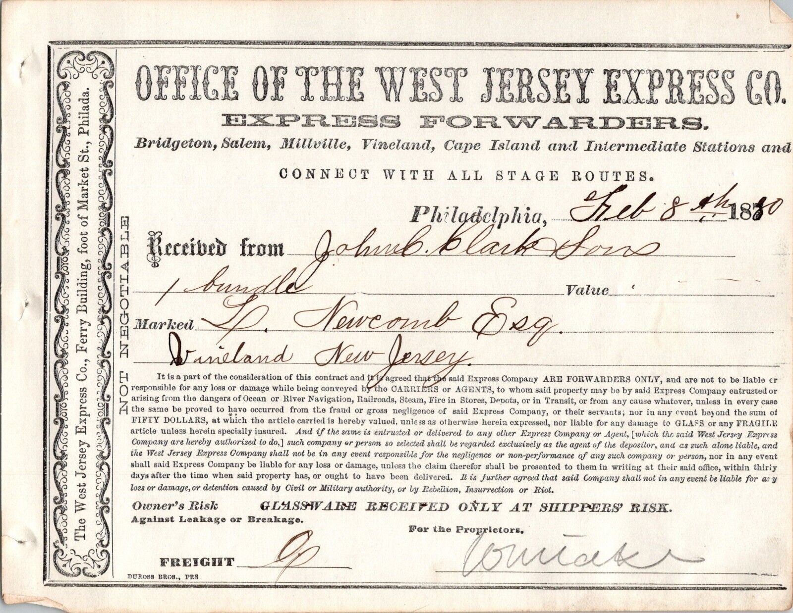 1880 Receipt WEST JERSEY EXPRESS Co. Ferry Bldg Philadelphia PA Antique Document