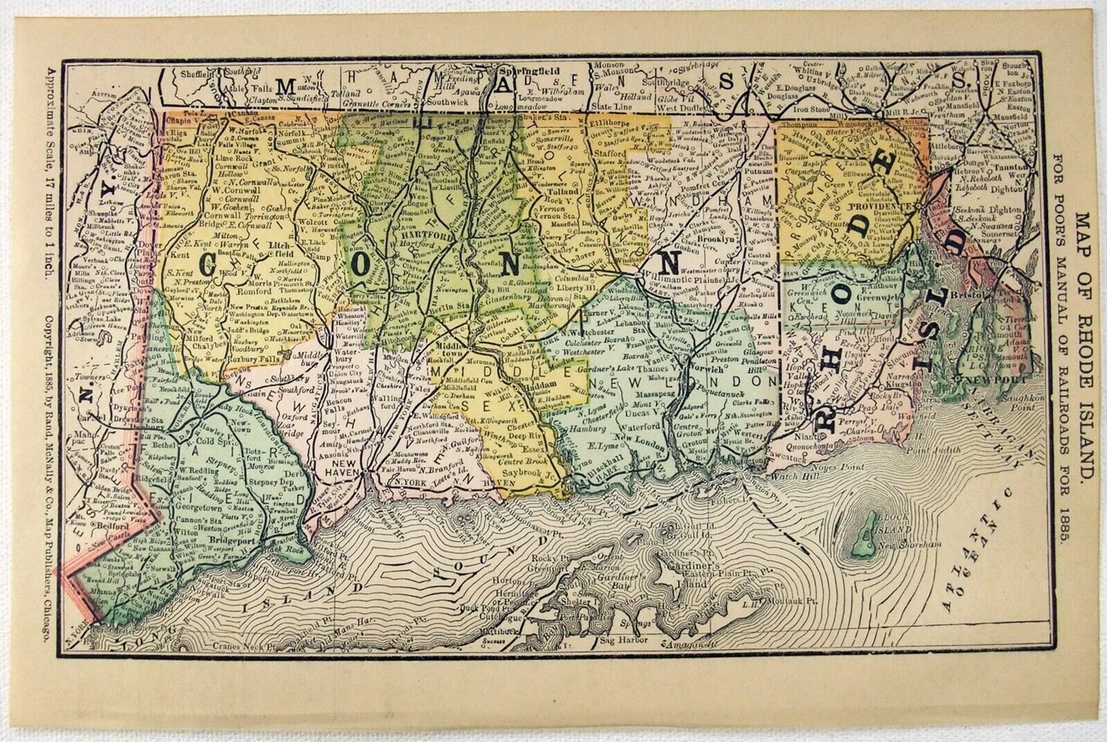 Rhode Island - Original 1885 Railroad Map by Rand McNally. Antique