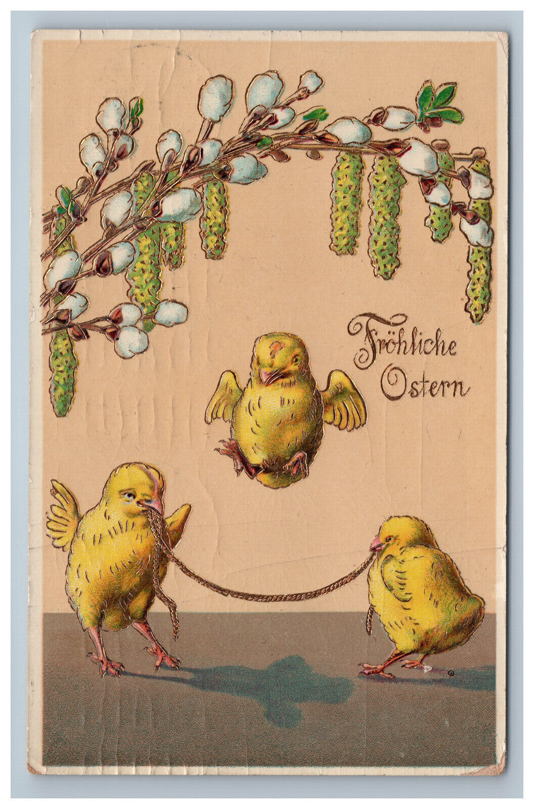 German Happy Easter Chicks Jumping Rope Postcard fröhliche ostern Damaged Gel