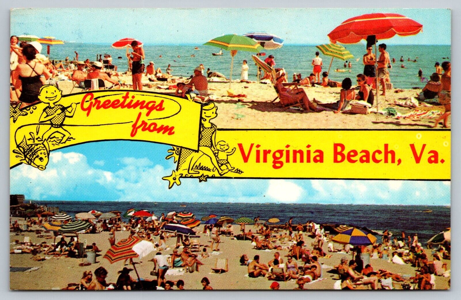 1960\'s GREETINGS FROM VIRGINIA BEACH VA*2 VIEWS*OCEAN*SWIMSUITS*FISHING*POSTCARD