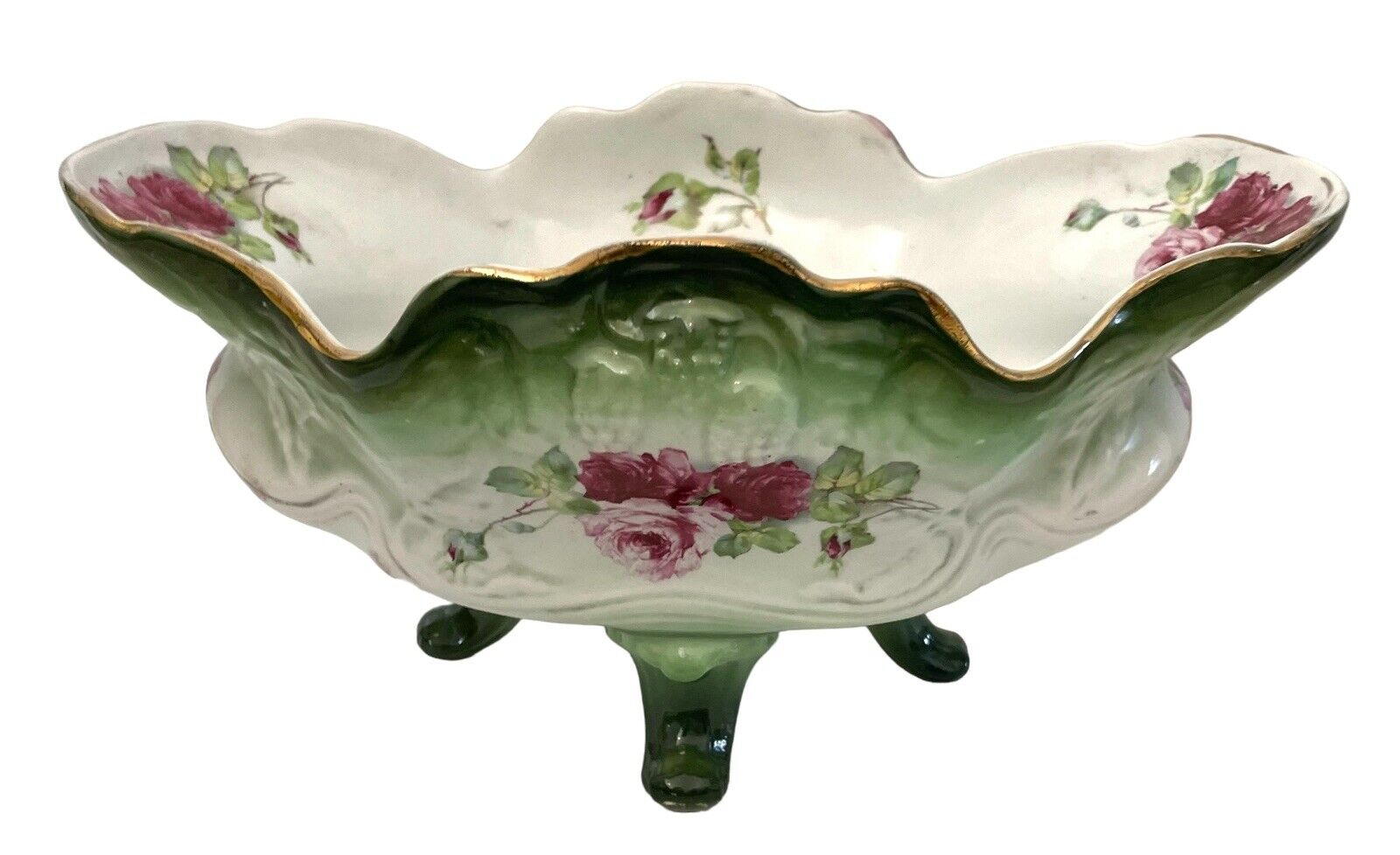 Antique La Belle China Bowl in Green Pink Roses, Marked WP, late 1800’s