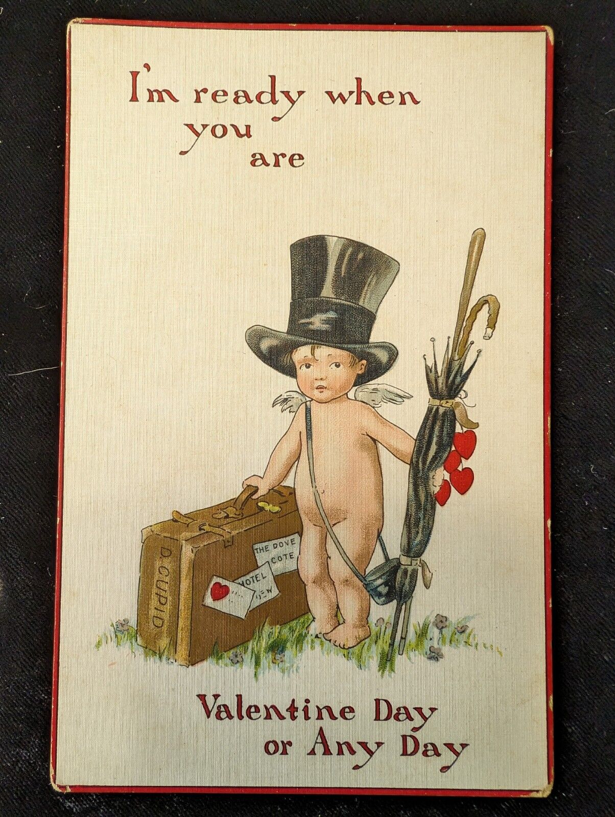 Tuck\'s Antique Postcard Valentine Mischievous Cupids Unposted Top Hat Suit Case 
