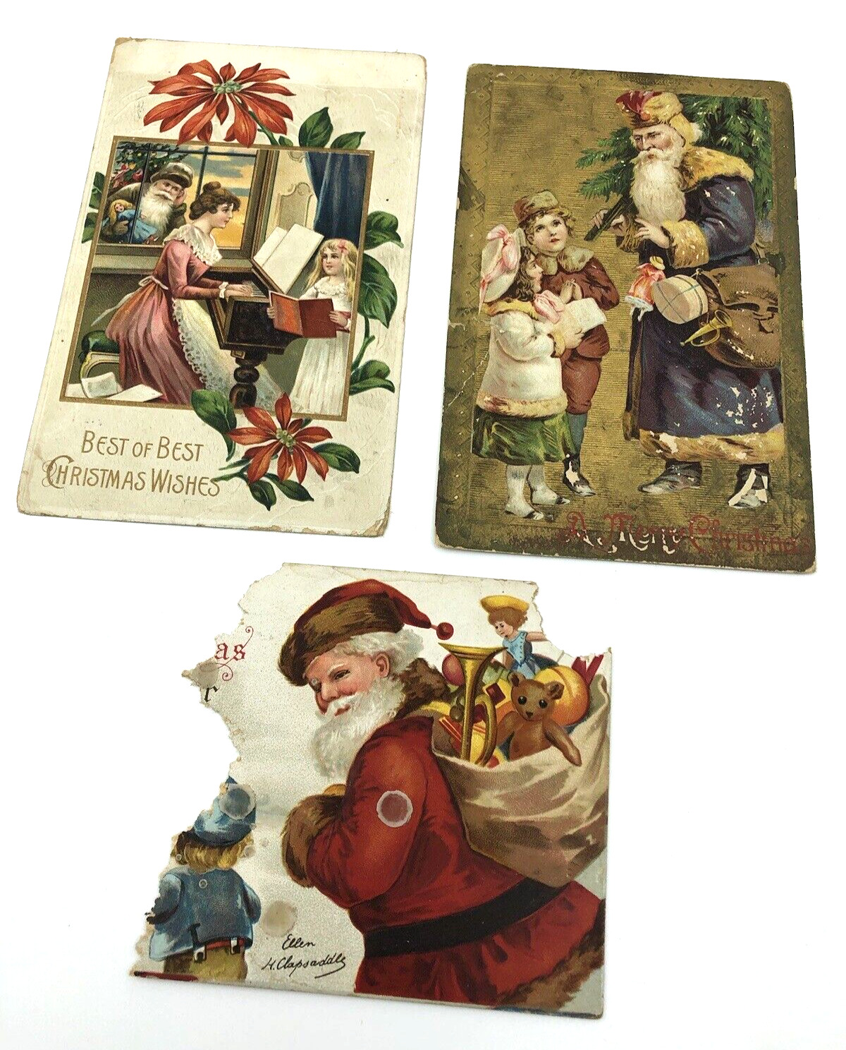 (3) Antique SANTA CLAUS Christmas POSTCARD LOT Early 1900s EMBOSSED Gold GERMANY