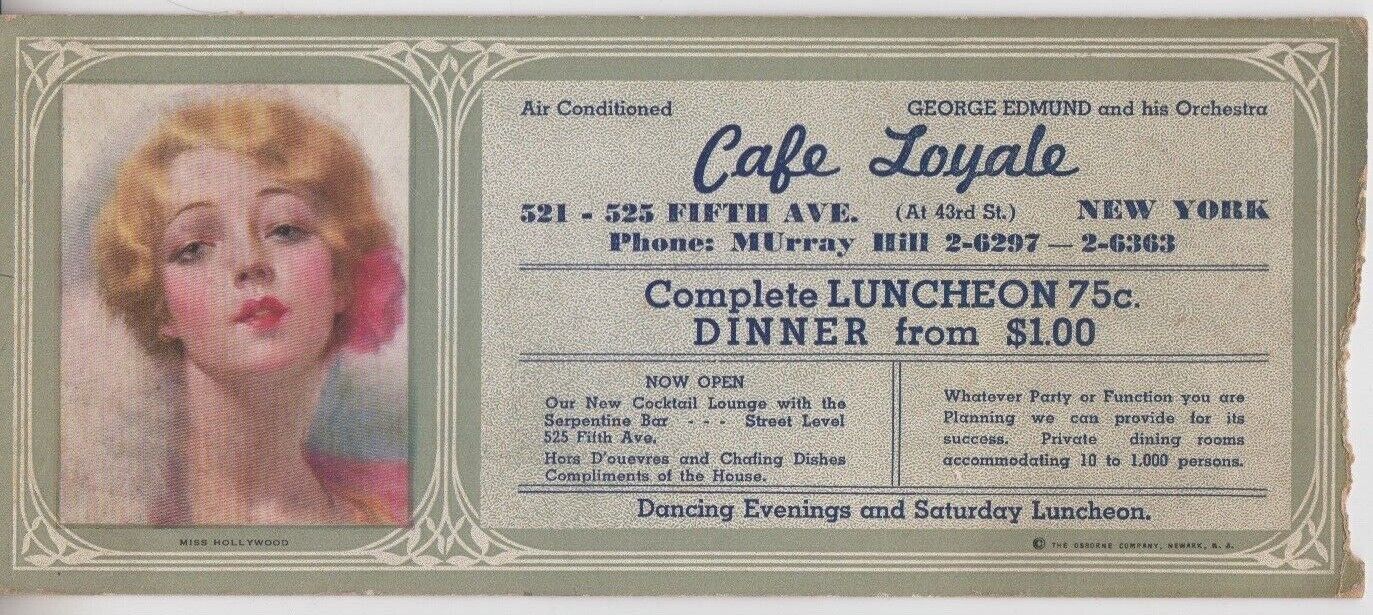 Café Loyale. Fifth Ave at 43rd St. Dancing, Orchestra. Lost Restaurants of NYC