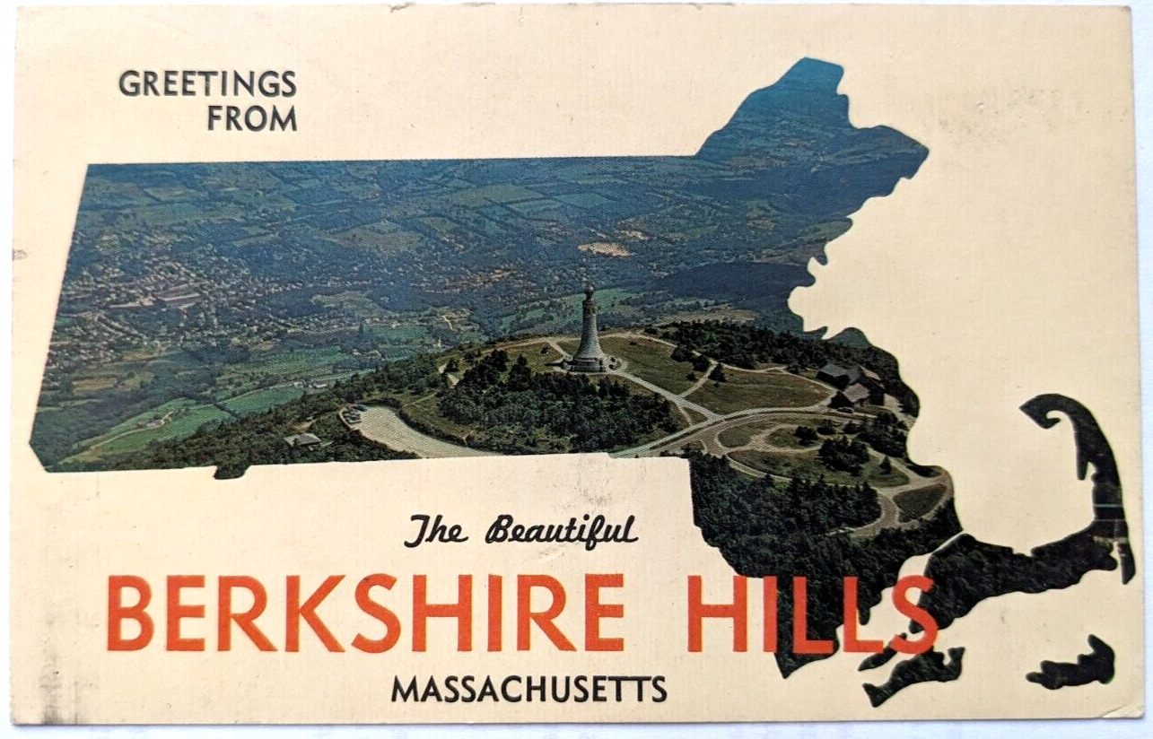 Postcard Massachusetts Greetings from Berkshire Hills Map Shape Aerial View UNP