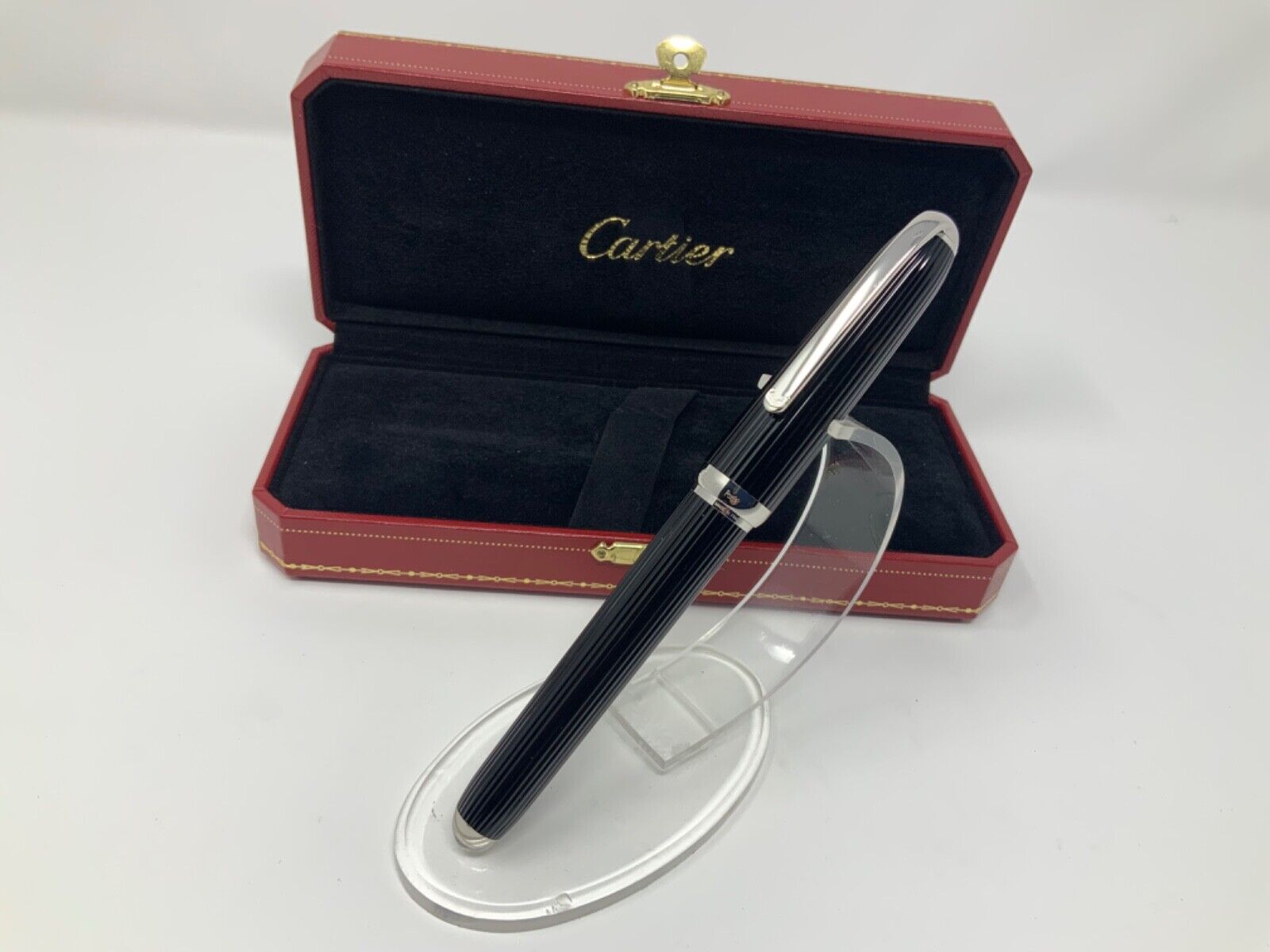 Cartier Louis De Cartier Black Composite Godron Platinum Rollerball Pen NEW