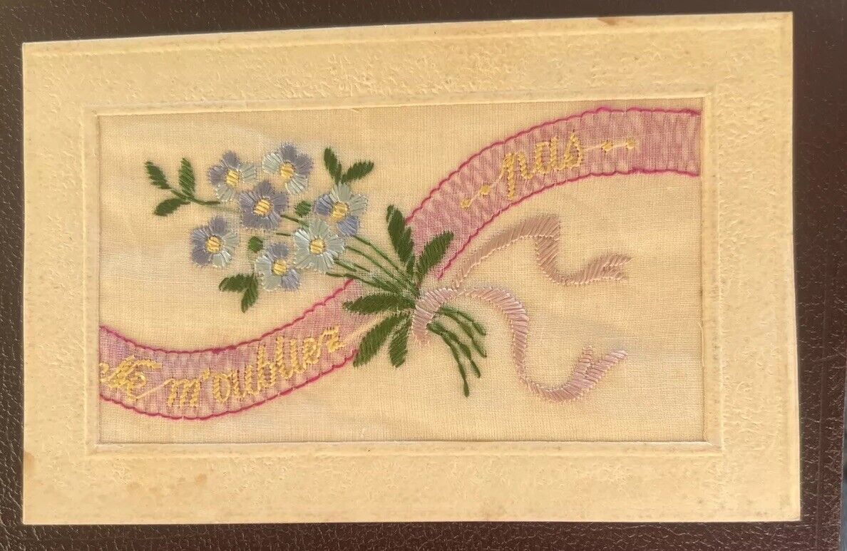 c1916 Handmade Embroidered Silk Postcard From Paris Forget Me Not Flowers