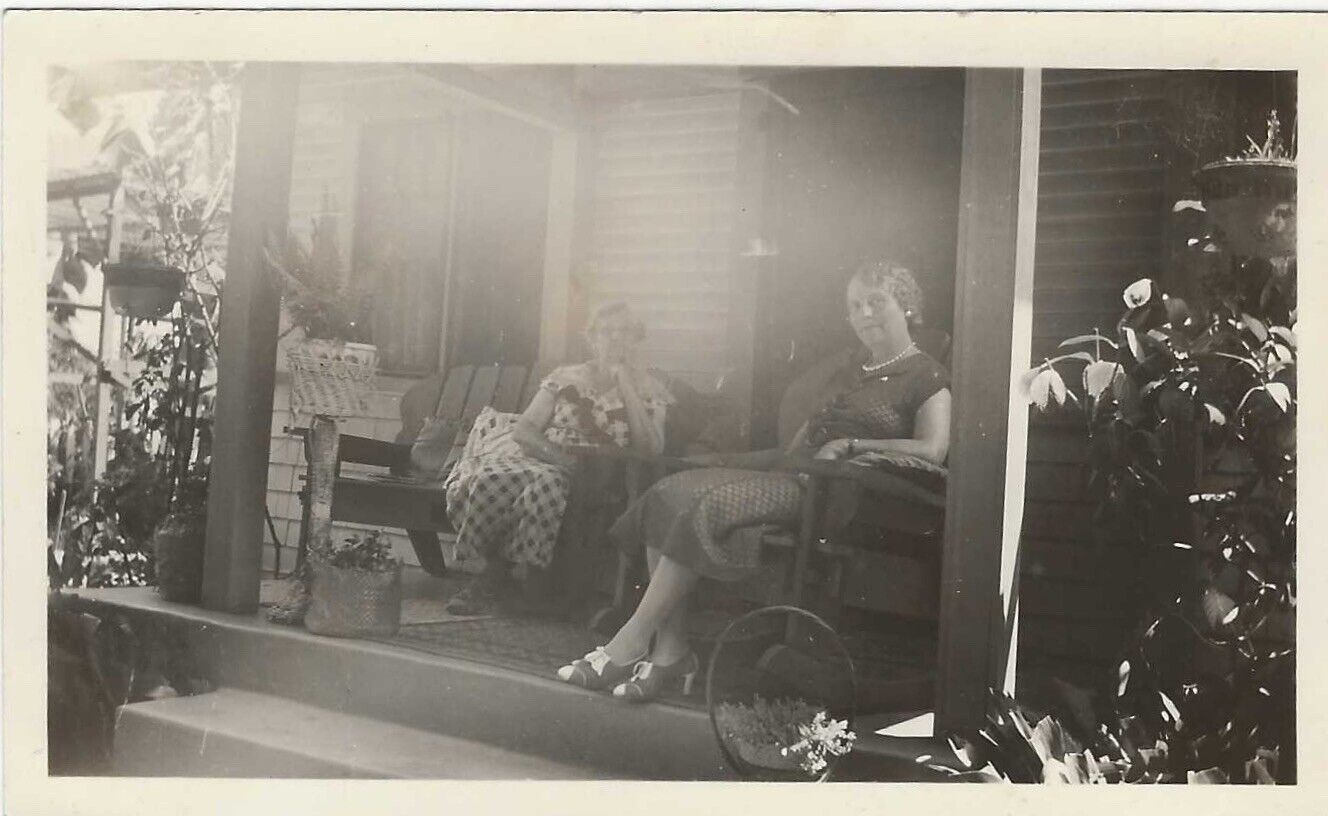 Two 1930s Women Sitting On Porch Vintage Vernacular Snapshot Identified Photo