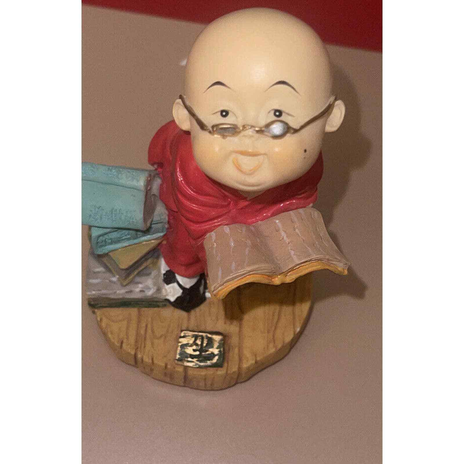 Miniature Vintage Resin Sitting Monk Reading a Book Chinese Script Excellent
