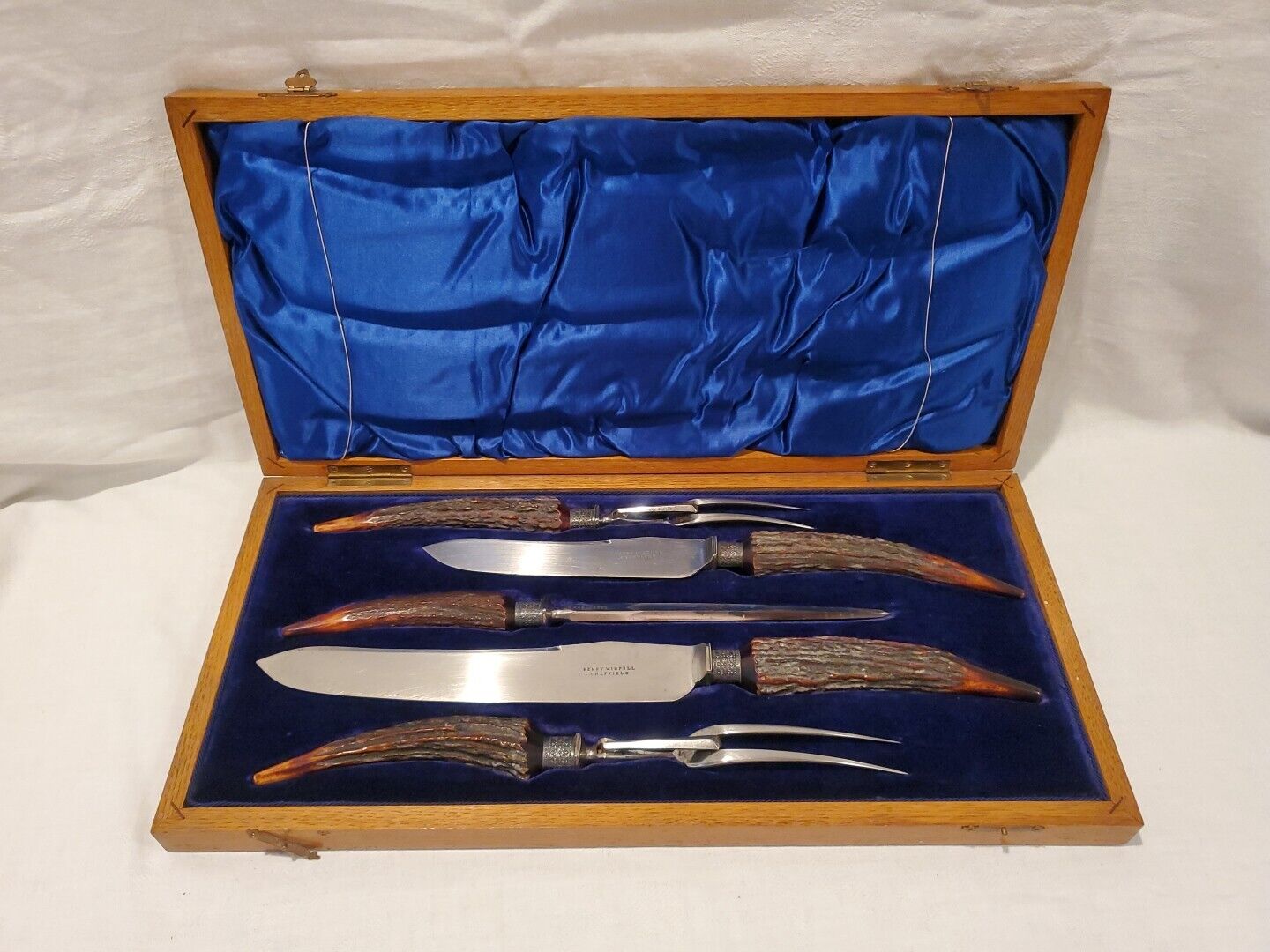 Antique Henry Wigfull Sheffield Presentation Carving Knife Fork Set Stag Antler