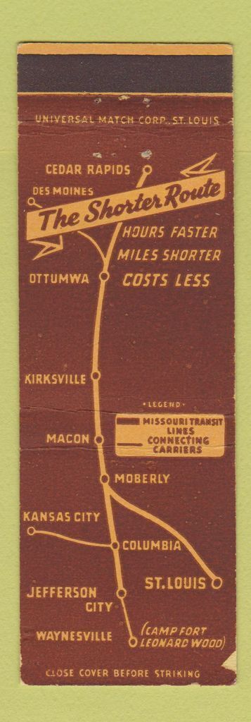 Matchbook Cover - Missouri Transit Lines bus lines Macon MO Full Length