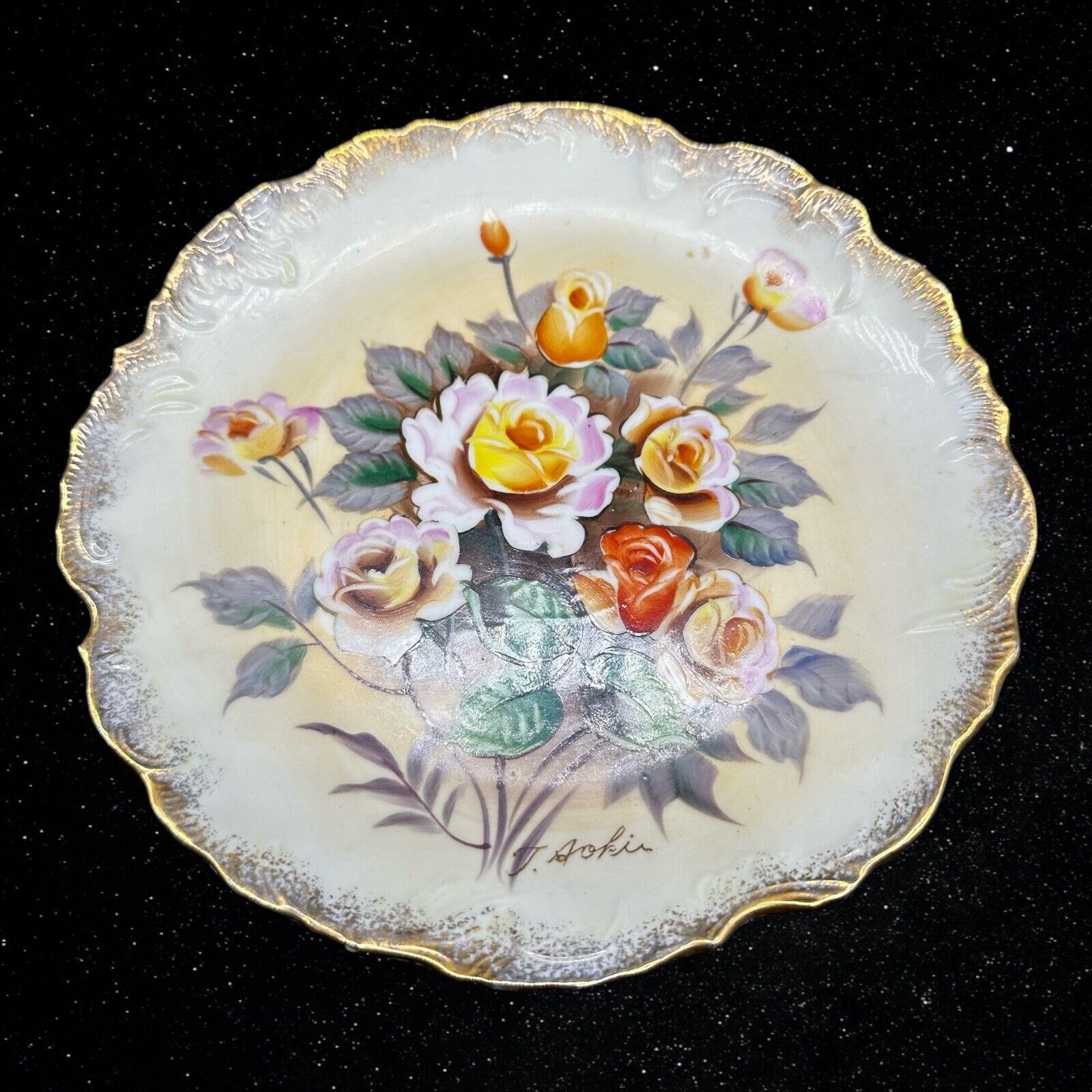 Vintage Ucago Decorative Hand Painted Floral Plate Gold Trim Signed 8.25”D
