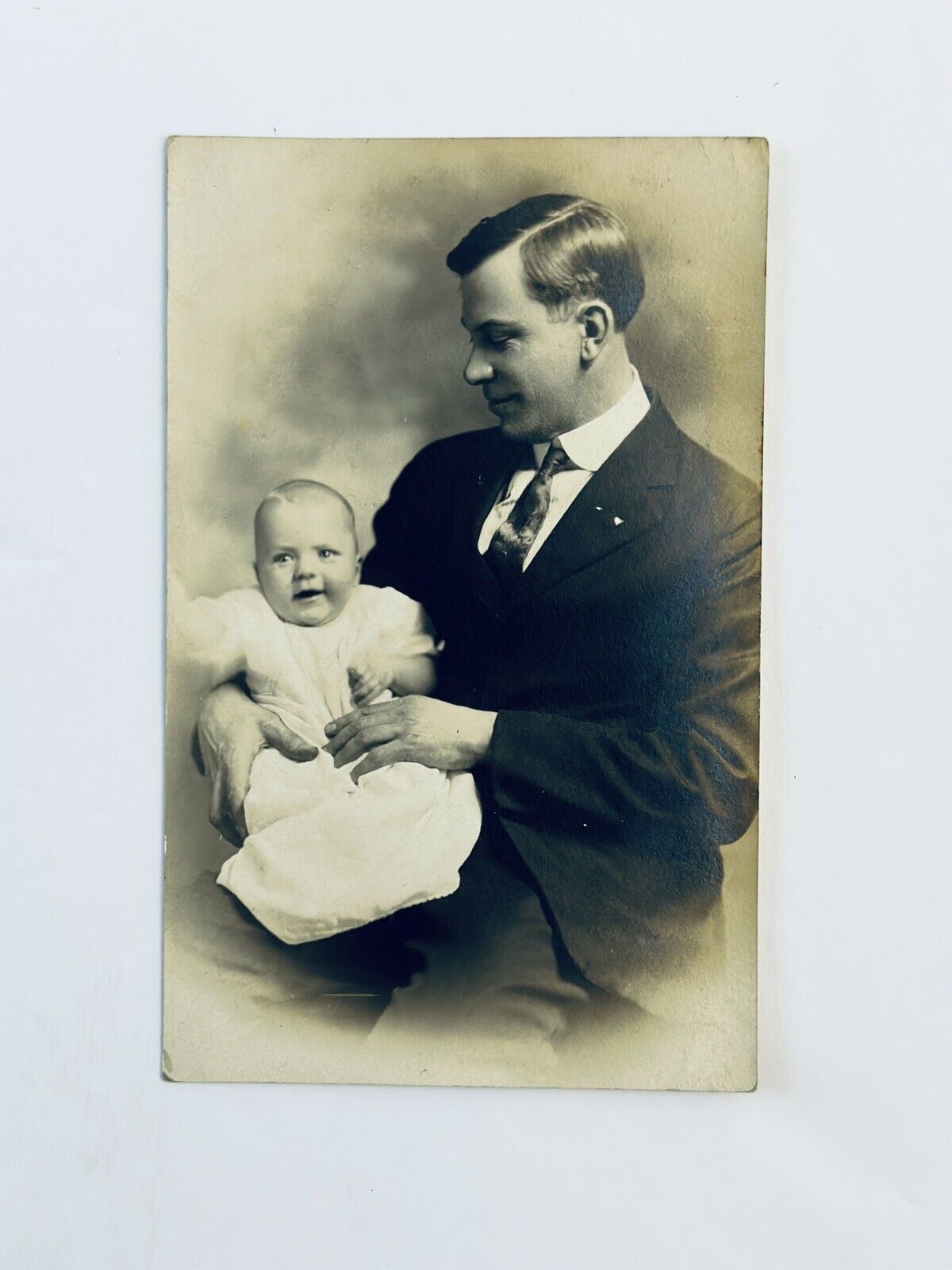 Father Man and Baby Studio Portait 1920\'s Postcard RPPC