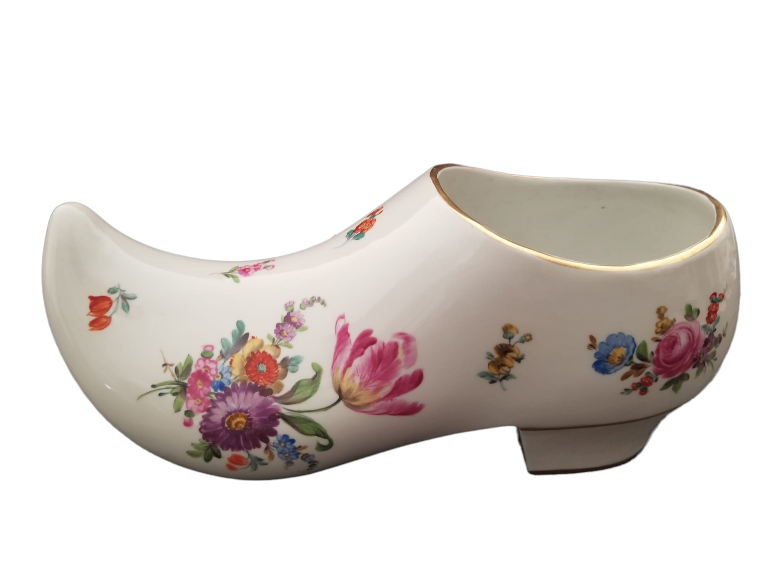 Vintage Dresden Swedish Porcelain Shoe Floral Pattern Gold Trim Decorative