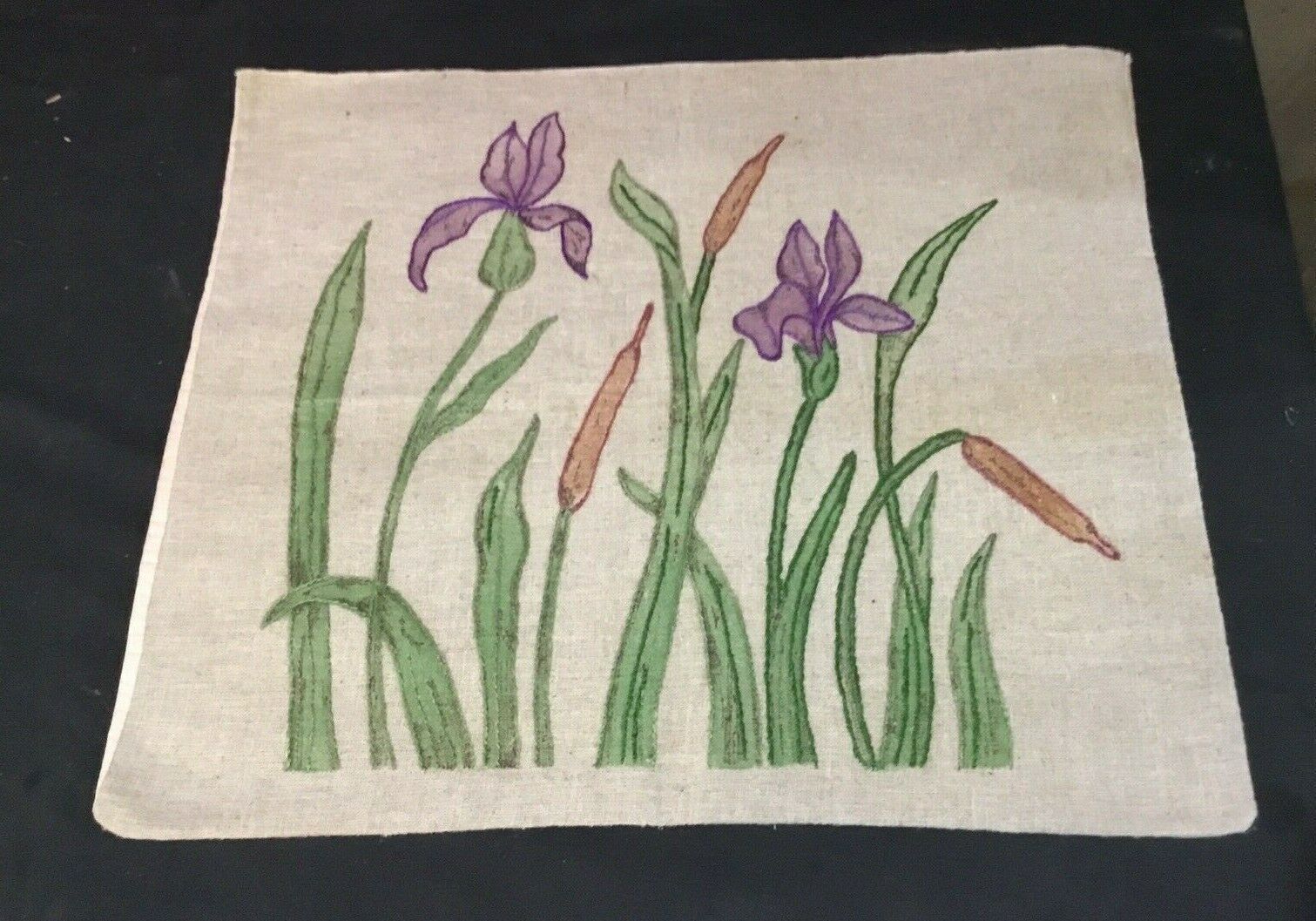 VINTAGE ARTS & CRAFTS EMBROIDERED LINEN PILLOWCASE WITH CATTAILS & IRIS