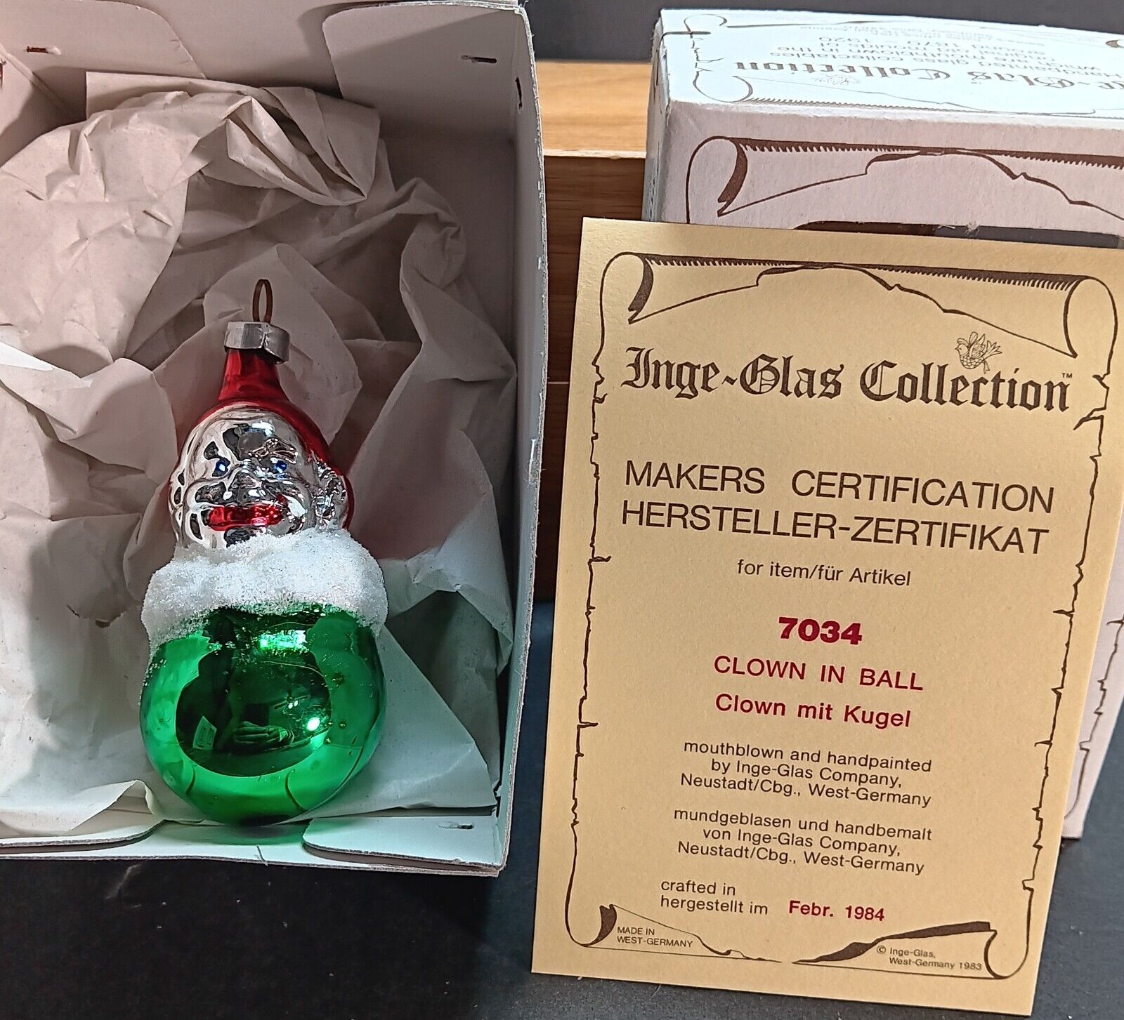 1984 Inge Glas Clown In Ball #7034 Christmas Ornament  Mint in Box 