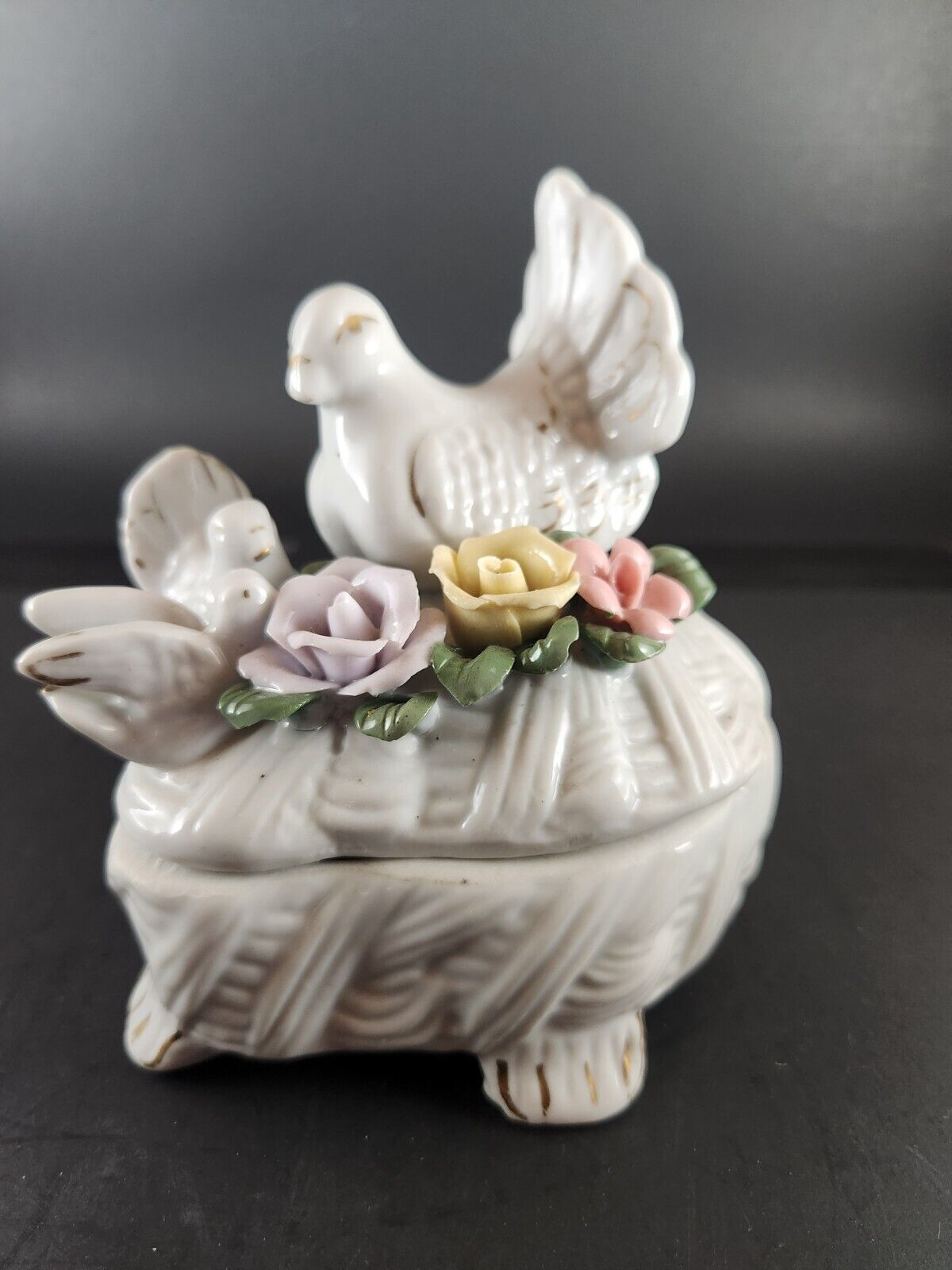 Vintage Porcelain Trinket Box with Doves Pigeons Florals Gilding Edging Unmarked