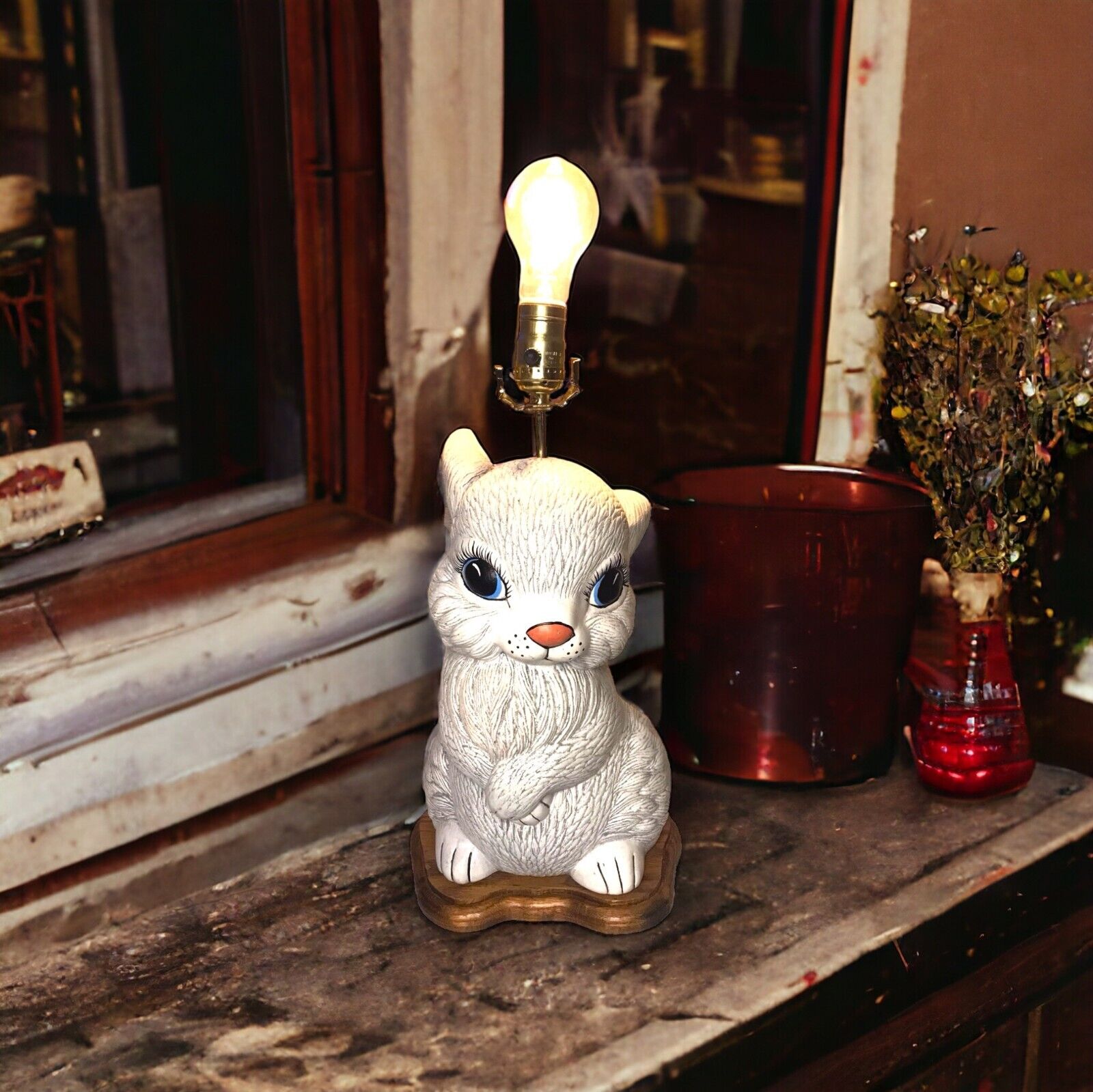 Vintage Chalkware Ceramic Bunny Rabbit Large Table Lamp Hand Painted Wood Base