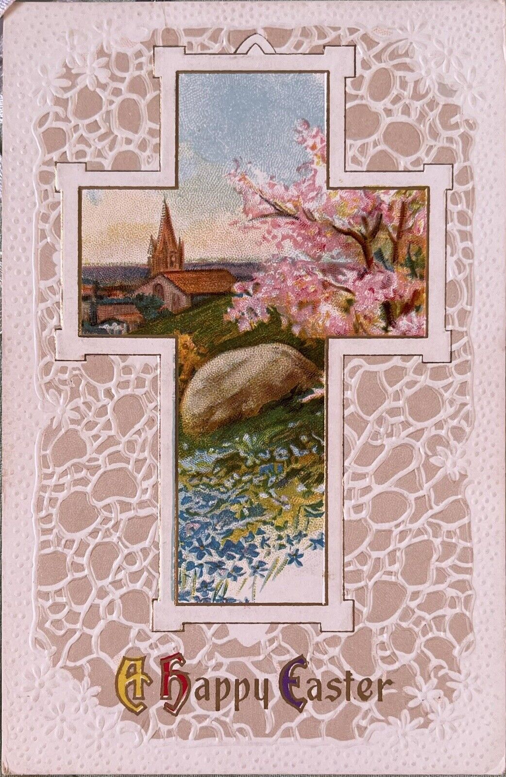 Vintage Embossed Easter Postcard, Lovely Scene Church & Nature. E001