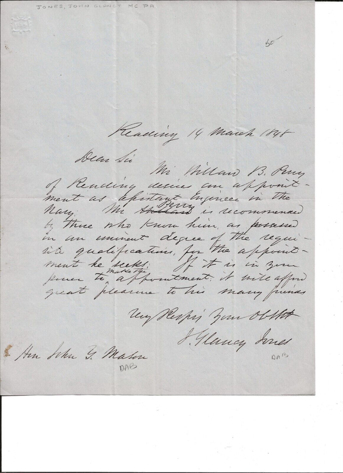 J. Glancy Jones 1848 ALS to Secretary of Navy John Mason- Penn. Rep