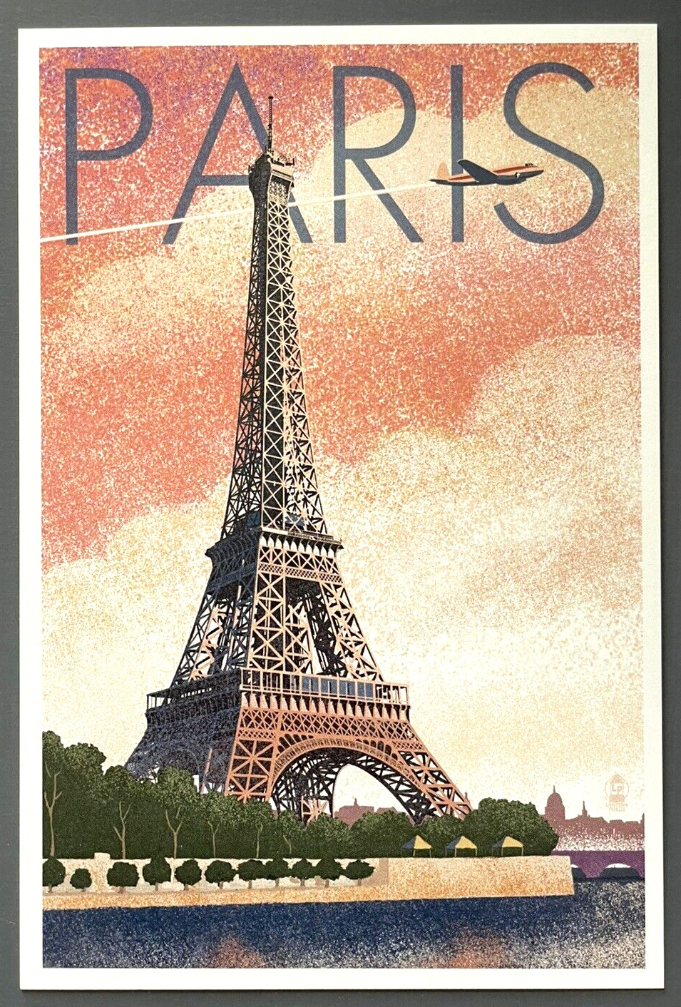 Paris, France - Eiffel Tower & River - Lithograph Style - Lantern Press Postcard