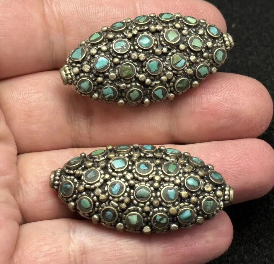 Tibeten Vinatge Old Antique Style 2 Spacer Beads Real Brass Turquoise