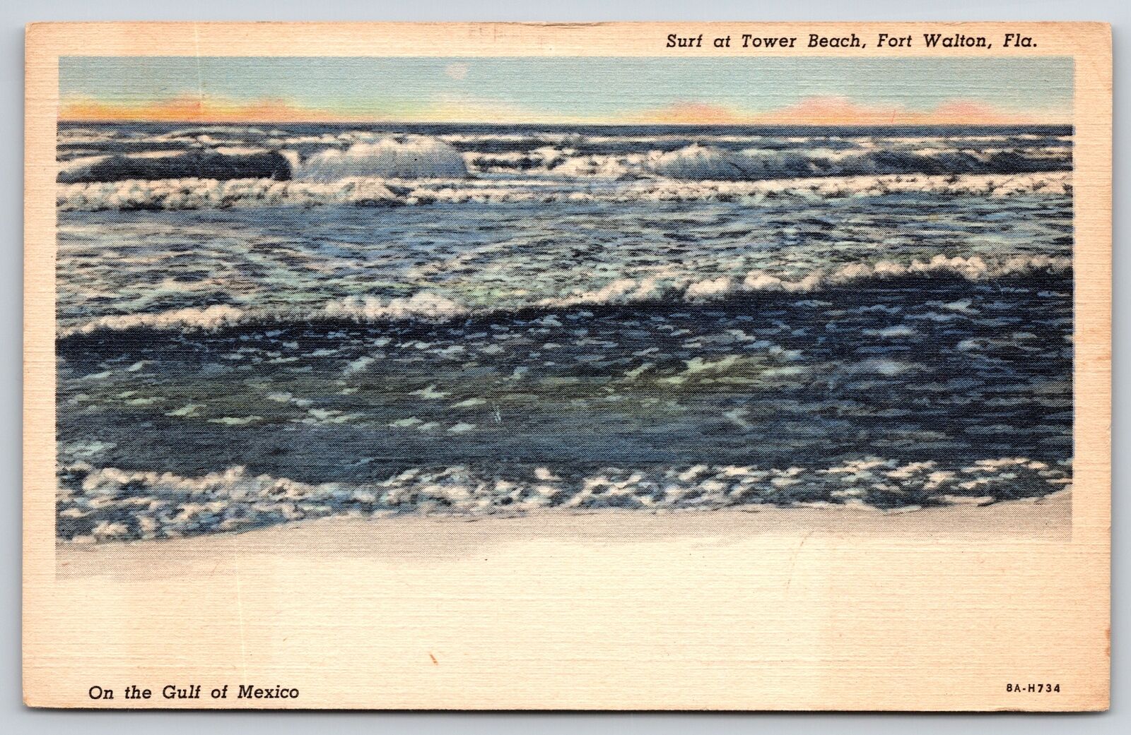 Fort Walton Florida~Surf @ Tower Beach~Gulf of Mexico~Linen Postcard