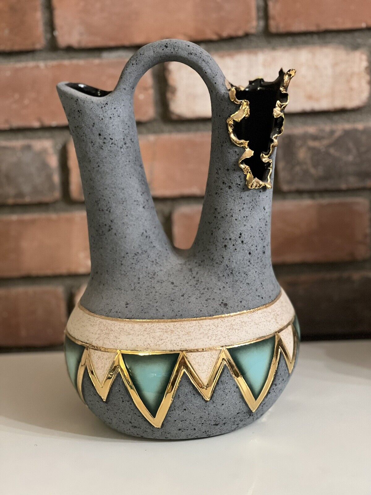 Stunning Native American Wedding Vase With Gold Leaf Accents. Signed 13” Tall