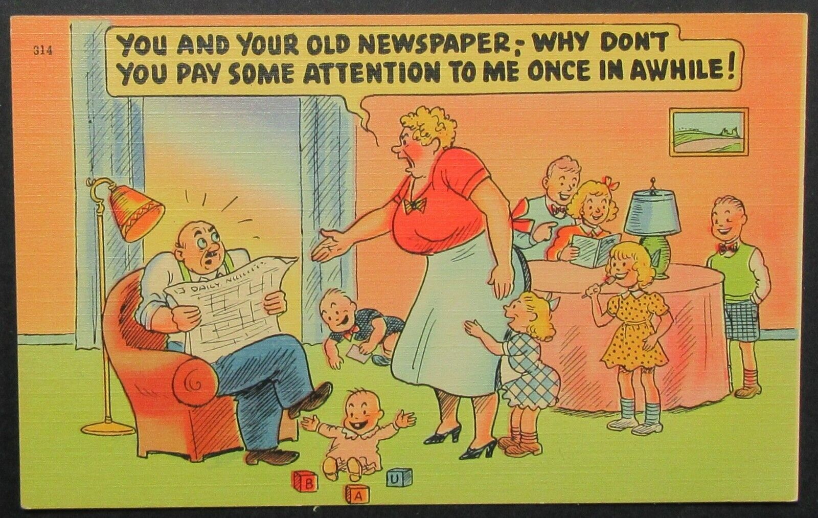 Wife Many Children Husband Pay Attention to Me Vintage Comic Postcard Unposted