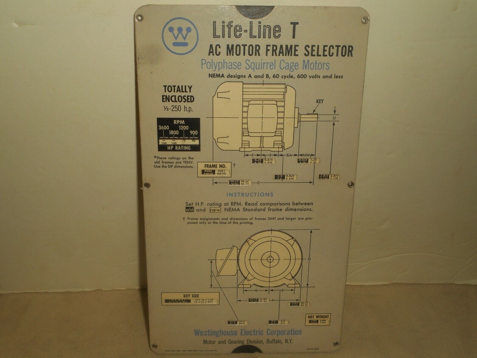 WESTINGHOUSE Life-Line T AC Motor Frame Selector Chart 1965 Polyphase Slide Rule