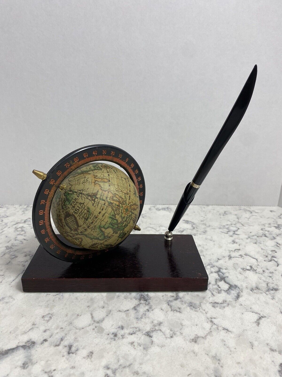 Vintage Desktop Spinning Old World Globe Pen Holder Letter Opener Refillable Ink