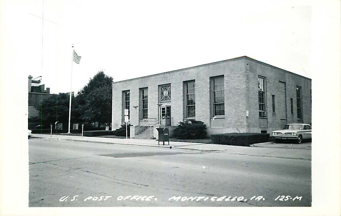 Real Photo Postcard Post Office, Monticello, Iowa - circa 1960s