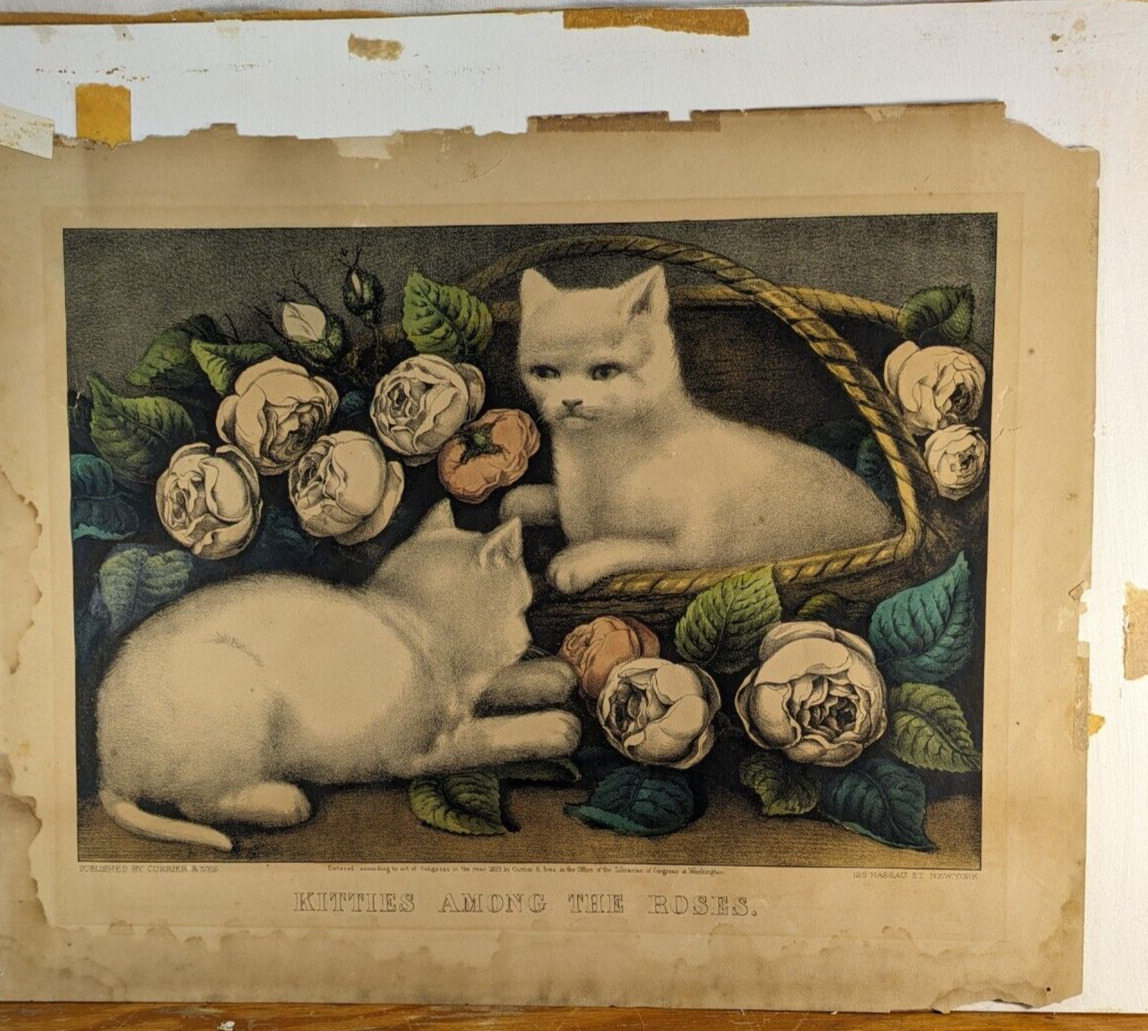 1873 Currier and Ives Cats Hand Colored Lithograph Kitties among the Roses 12x15