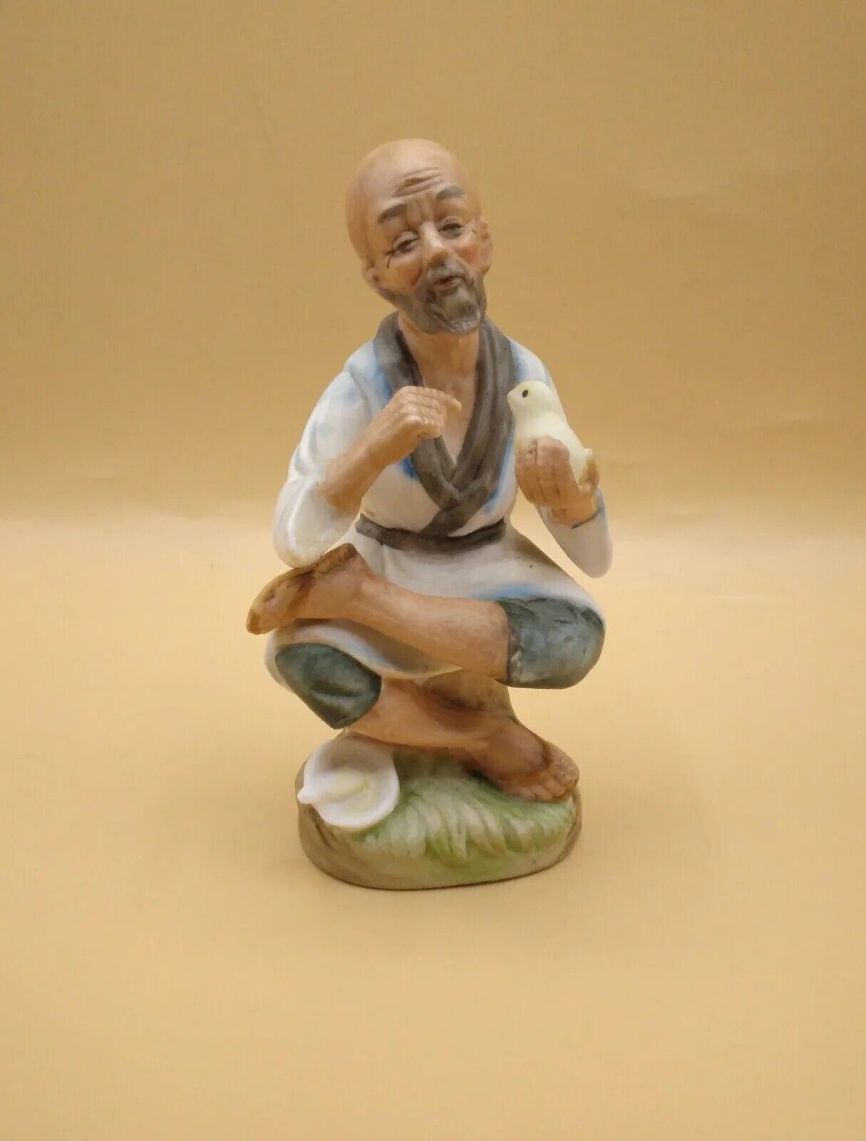 Vtg Old Man Holding Bird Ceramic Figurine Original LJ Japan 5.5\