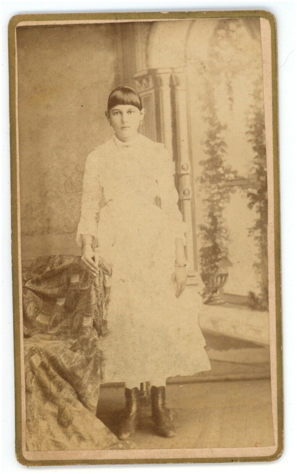 Antique CDV Circa 1870'S Beautiful Young Teenage Girl in White Victorian Dress