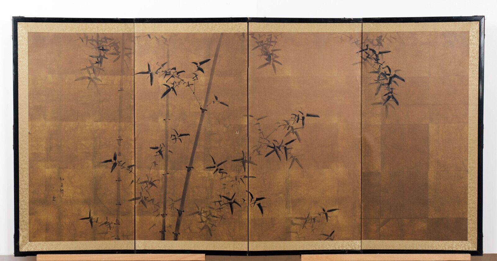 Japanese 4-Panel Byobu Bamboo on Dark Gold Hand Signed & Painted Folding Divider