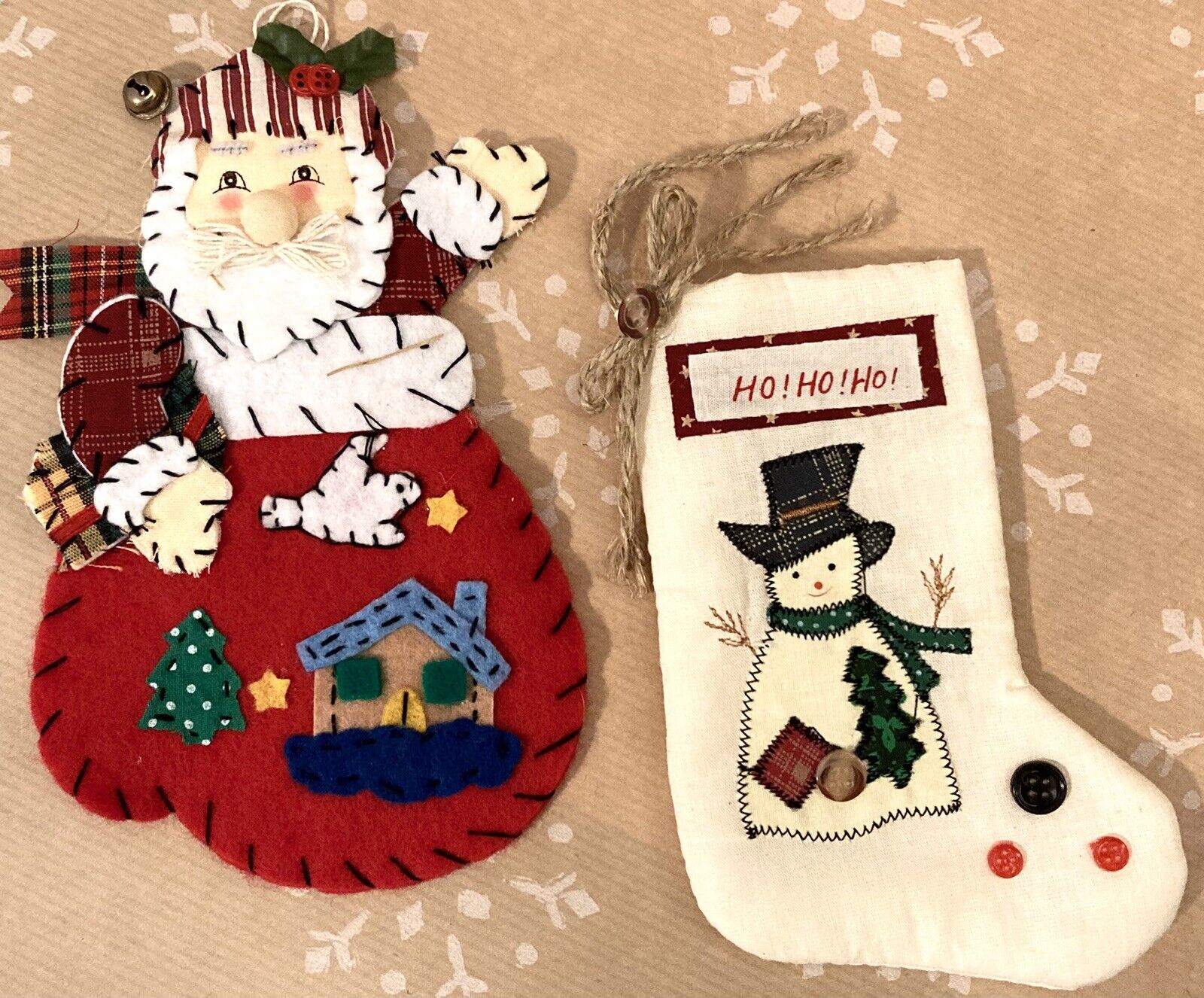 2 Vintage Hand Stitched Fabric Christmas Ornaments Hand Made Button Detail Santa