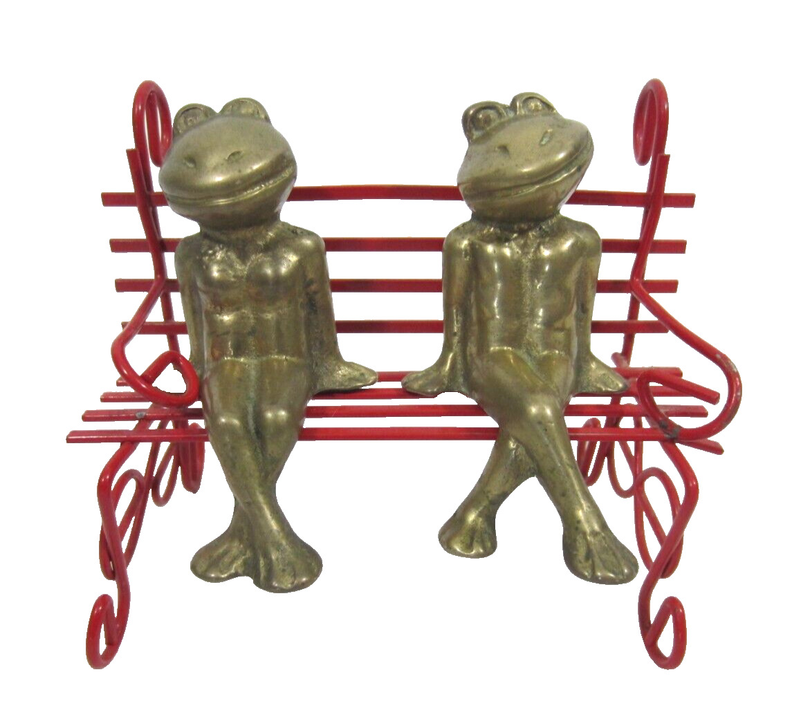 Pair VTG Solid Brass Frogs Sitting Shelf Sitter Couple Anthropomorphic MCM 4\