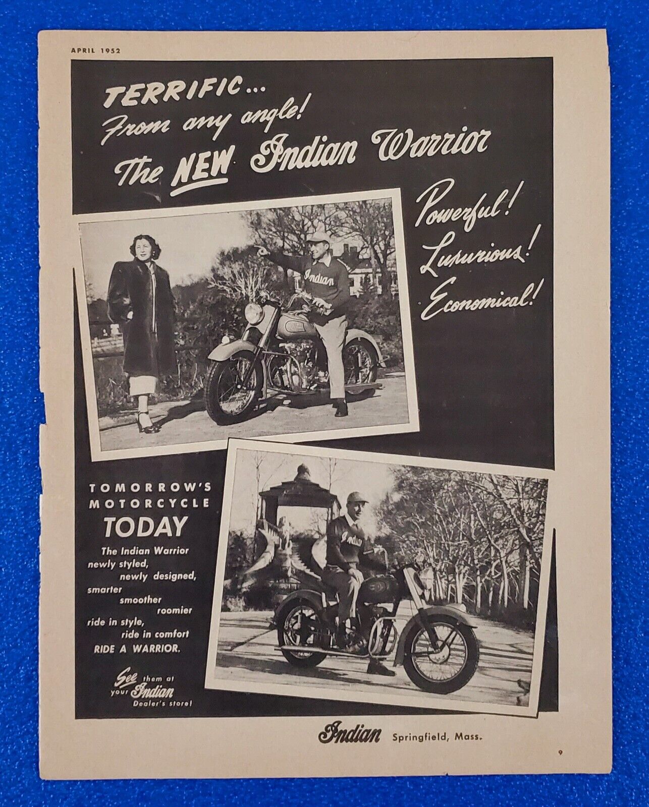 1952 INDIAN WARRIOR VINTAGE MOTORCYCLE ORIGINAL PRINT AD  LOT M22