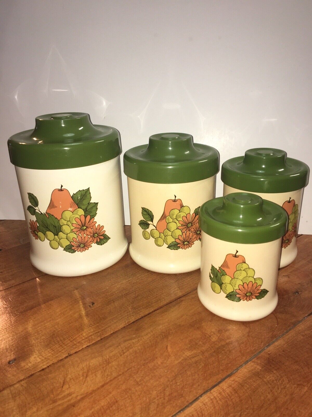 Mid Century 1970\'s  Nesting Canister Set Fruit Pattern Avocado Green  4 Set A30
