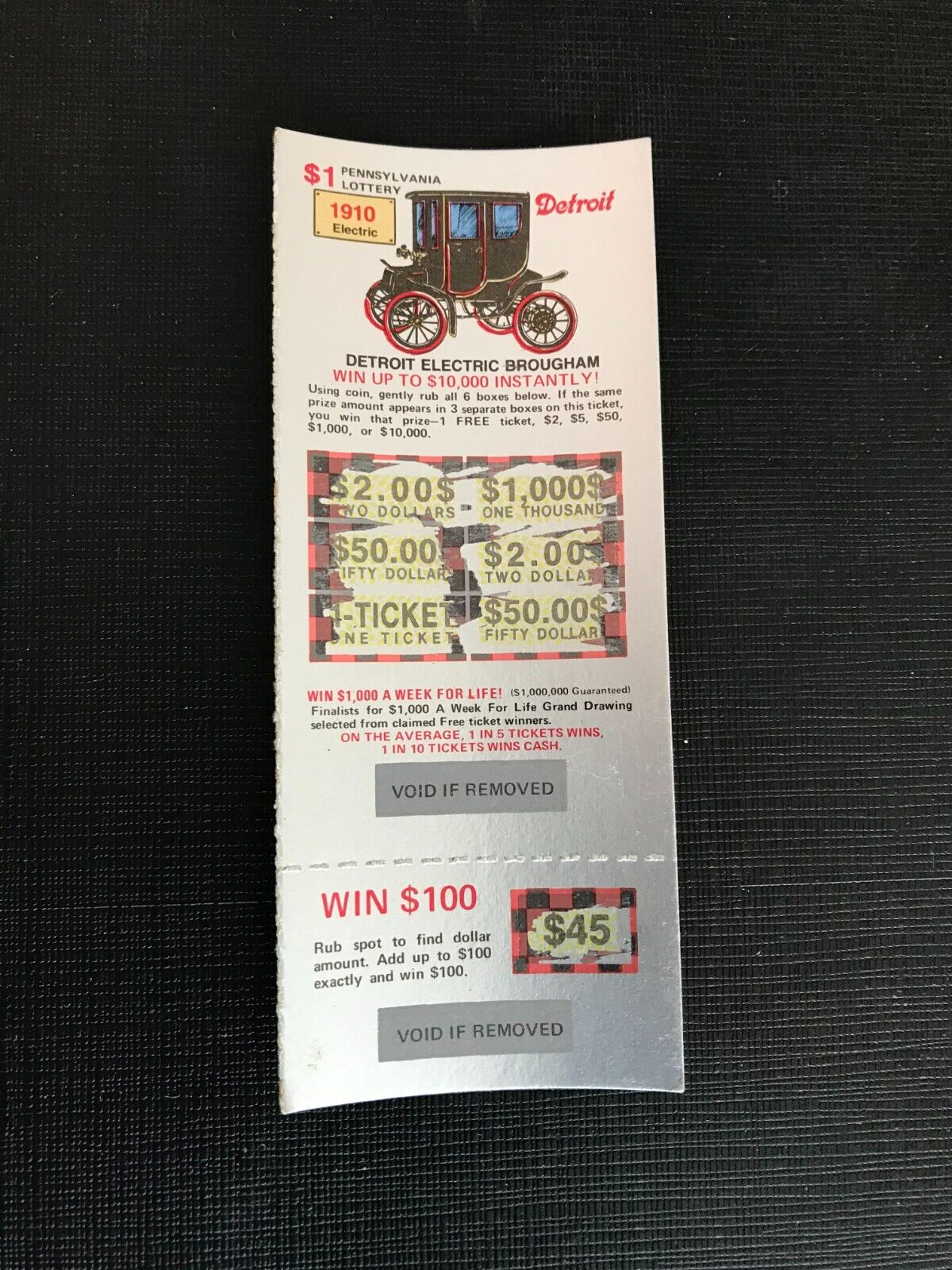 1910 Electric Brougham   Car Instant Lottery Ticket ,issued 1976 ,no cash value
