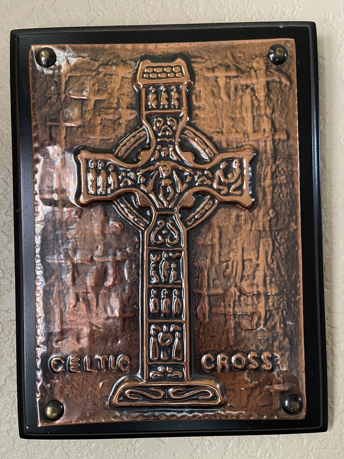 Vintage RATHBANNA Ireland Celtic Cross Pressed Copper on Wood Wall Plaque 8 x 6