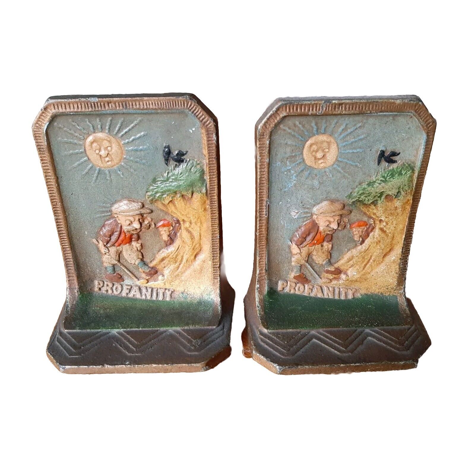  Pair Of Polychrome Profanity Golfer  Bookends, Connecticut Foundry Co., 1928