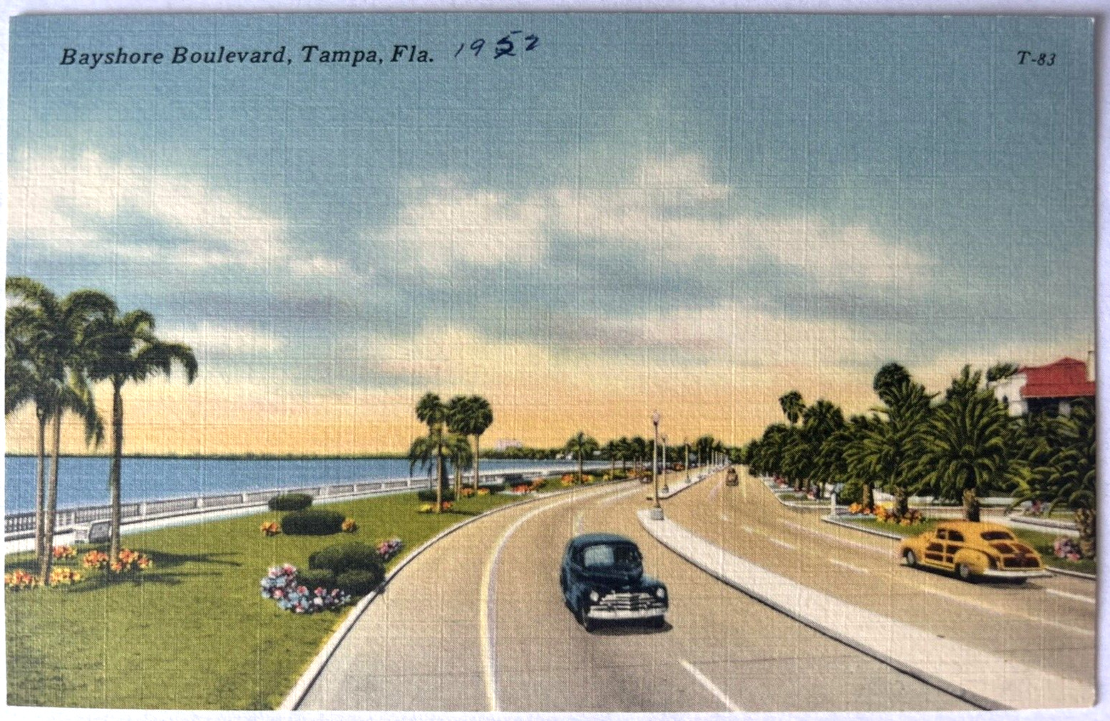 Tampa Florida FL Bayshore Blvd c1940s Old Cars Linen Postcard UNP Bay View